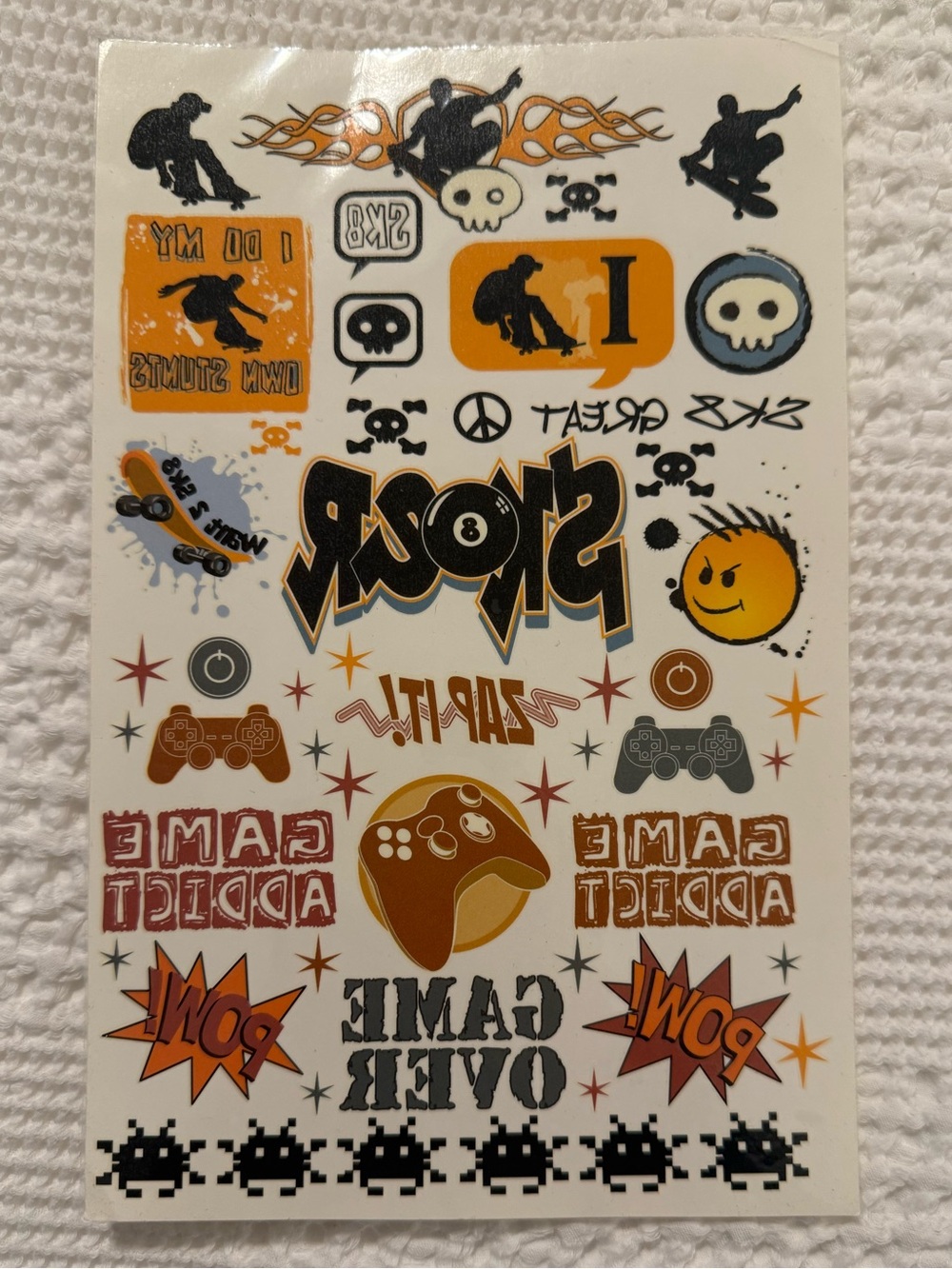 Temporary Tattoo Sheet- Gaming/Skateboard Themed